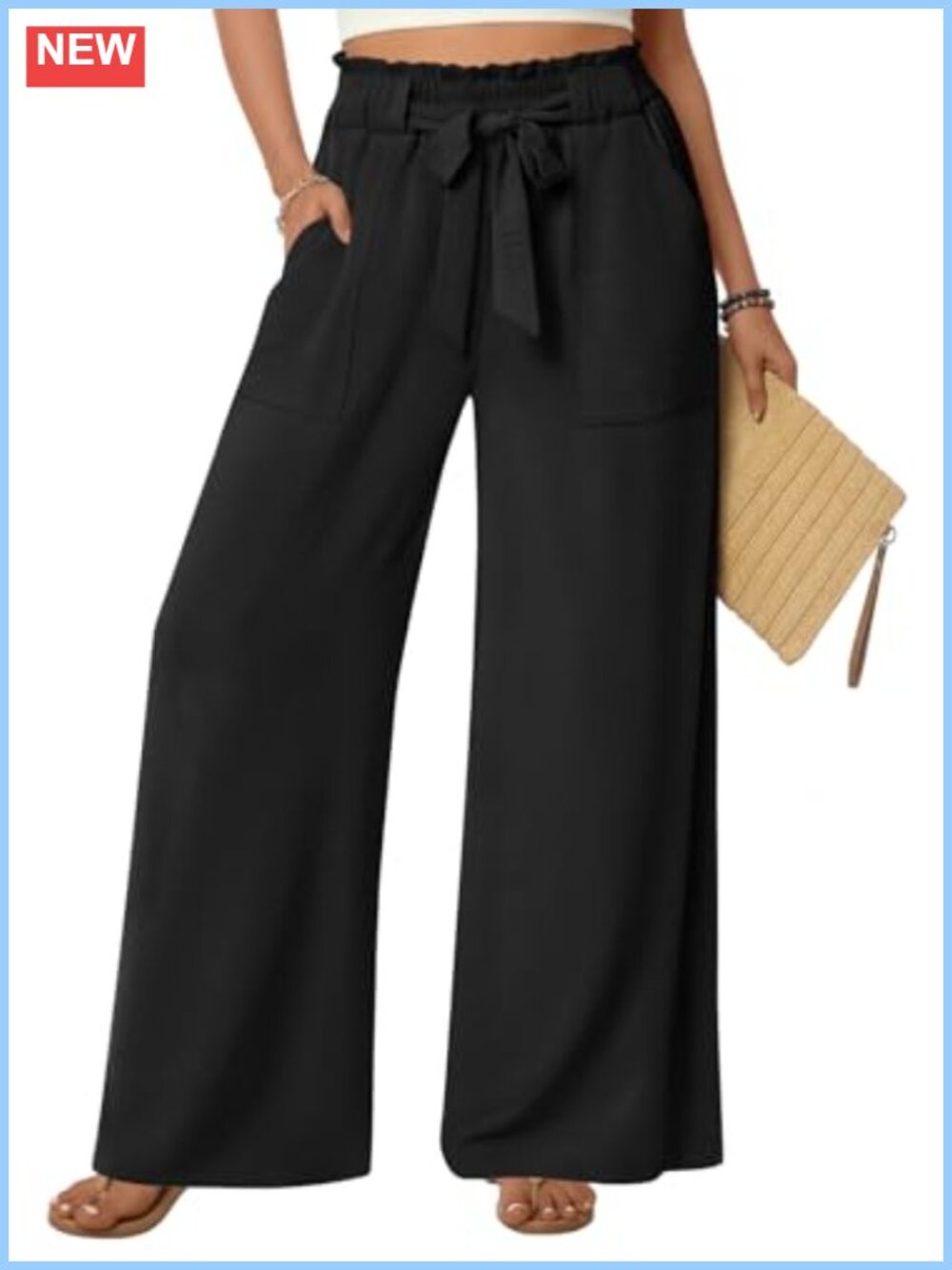 Wide Leg Palazzo Pants High Waist Elastic Waist Flowy Work Pants with Pockets